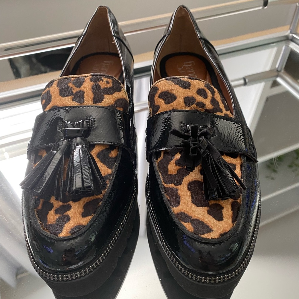 Franco Sarto patent leather/calf hair platform loafers. Women’s size 8.5.